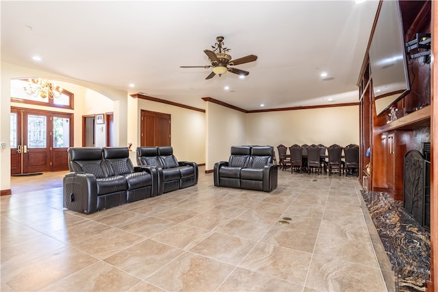 living area featuring light tile patterned floors, a fireplace, ornamental molding, and recessed lighting