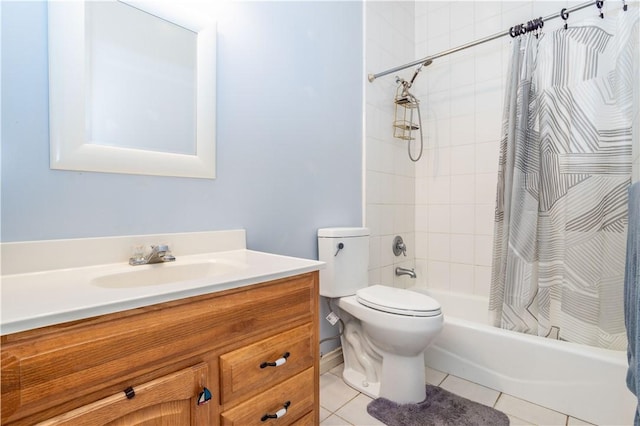 bathroom with toilet, tile patterned flooring, shower / bath combo with shower curtain, and vanity