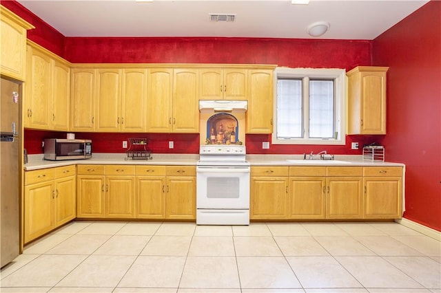 kitchen featuring a sink, visible vents, electric stove, light countertops, and stainless steel microwave