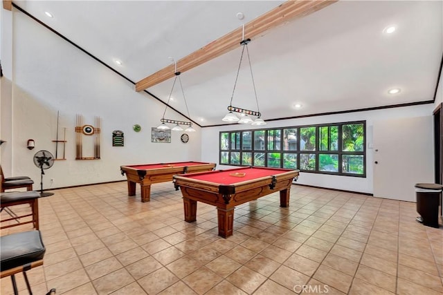 playroom with light tile patterned flooring, lofted ceiling with beams, and pool table