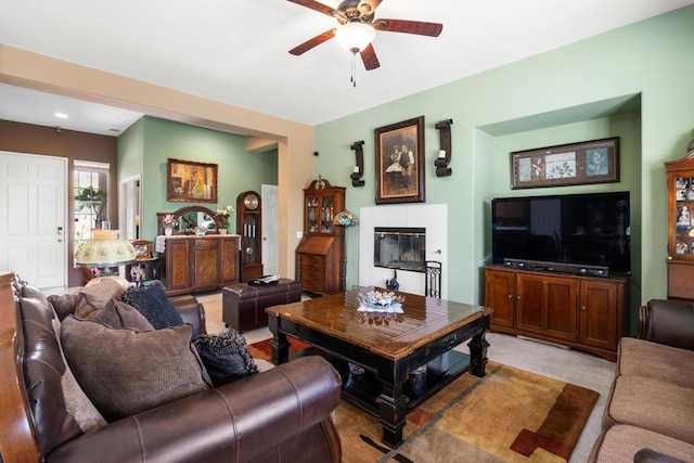 living room featuring ceiling fan