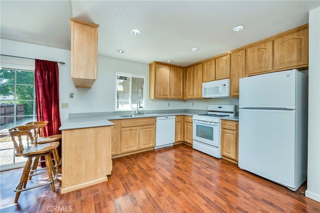 kitchen featuring light brown cabinets, sink, dark wood-type flooring, and white appliances