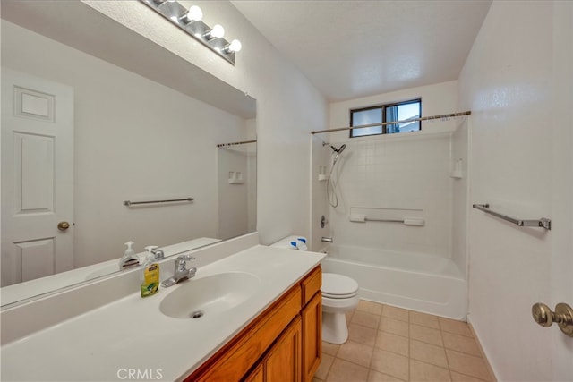 full bathroom with vanity, tiled shower / bath combo, tile patterned flooring, a textured ceiling, and toilet