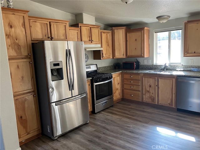 kitchen featuring appliances with stainless steel finishes, a textured ceiling, sink, vaulted ceiling, and dark hardwood / wood-style floors