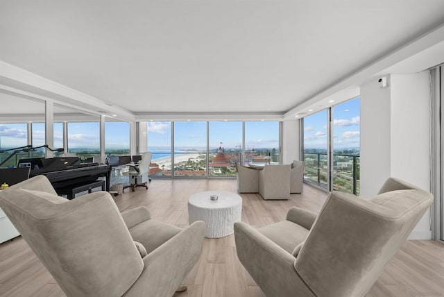 living room with light hardwood / wood-style floors, a wall of windows, and a water view