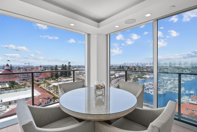 sunroom with a water view