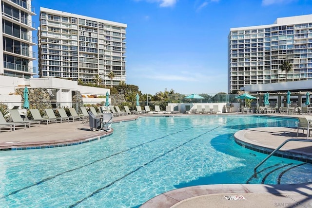 view of swimming pool with a patio area