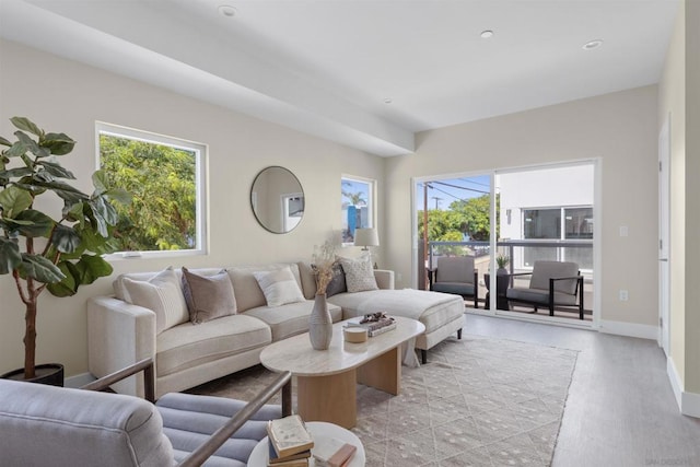 living room with a wealth of natural light and light wood-type flooring