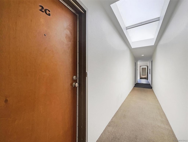 interior space featuring light colored carpet and a skylight