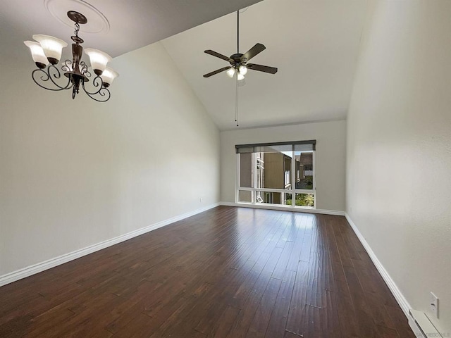 empty room featuring dark hardwood / wood-style flooring, high vaulted ceiling, and ceiling fan with notable chandelier