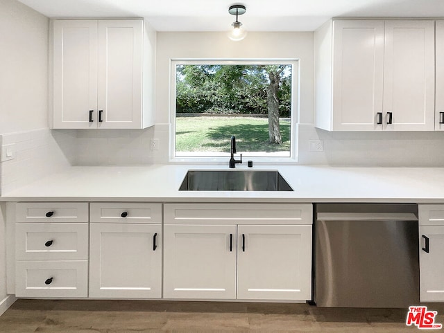 kitchen with white cabinetry, stainless steel dishwasher, and sink