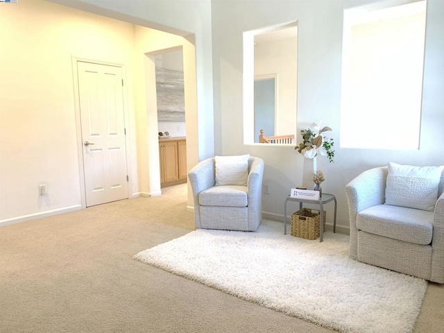 living area featuring light colored carpet