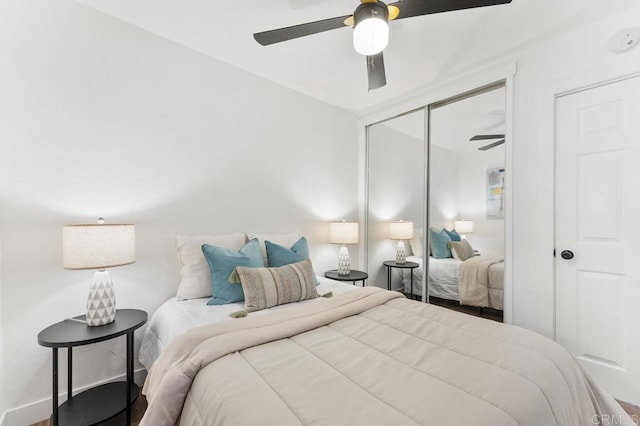 bedroom featuring a ceiling fan and a closet