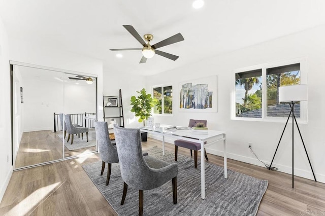 office with recessed lighting, ceiling fan, baseboards, and wood finished floors