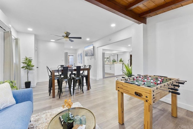 4404 Vista Way, La Mesa, CA 91941 - recreation room featuring light wood-style floors, ceiling fan, recessed lighting, beam ceiling, and baseboards