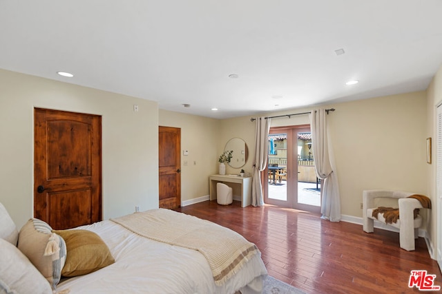 bedroom with access to exterior, dark wood-type flooring, and french doors