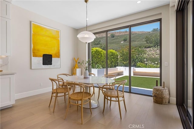 dining space with light hardwood / wood-style floors