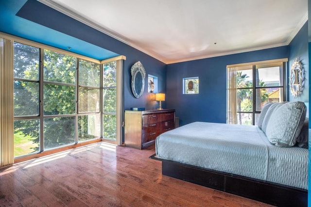 bedroom with wood-type flooring, ornamental molding, and multiple windows