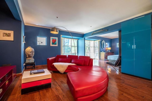 living room with crown molding and dark wood-type flooring