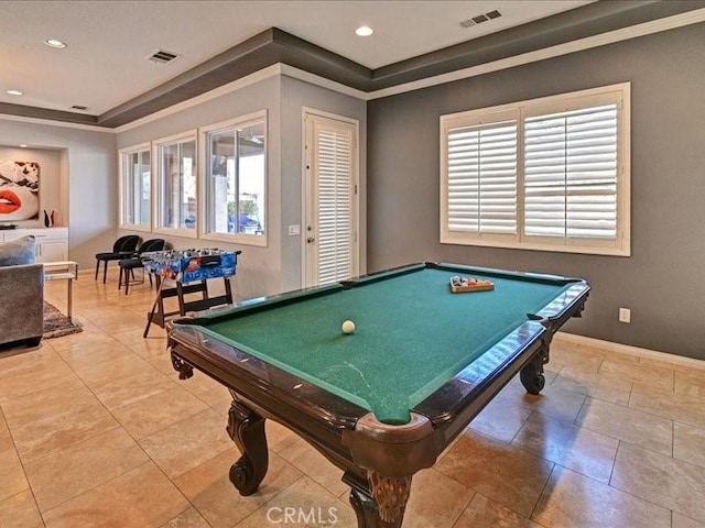 rec room with billiards and ornamental molding