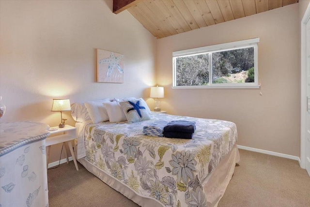 carpeted bedroom featuring wooden ceiling and vaulted ceiling with beams