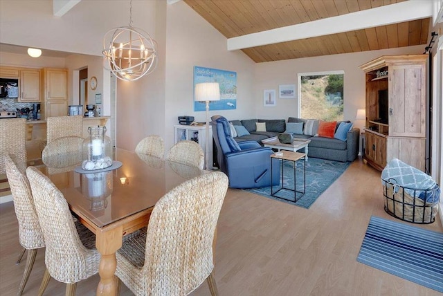 dining space with wood ceiling, lofted ceiling with beams, an inviting chandelier, and light wood-type flooring