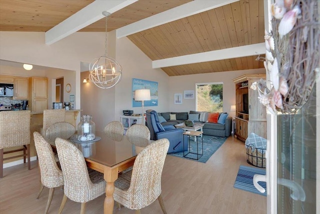 dining room featuring a notable chandelier, light hardwood / wood-style flooring, vaulted ceiling with beams, and wood ceiling