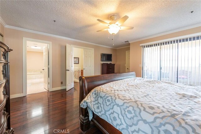 bedroom featuring crown molding, ceiling fan, connected bathroom, and a textured ceiling