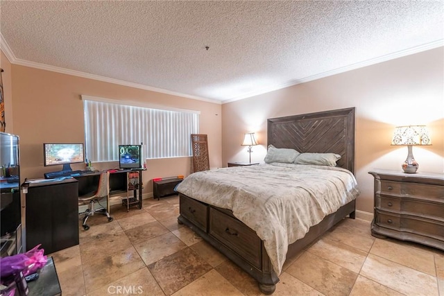 bedroom with ornamental molding and a textured ceiling