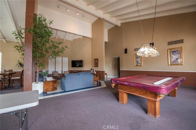 game room featuring beamed ceiling, carpet flooring, pool table, and high vaulted ceiling