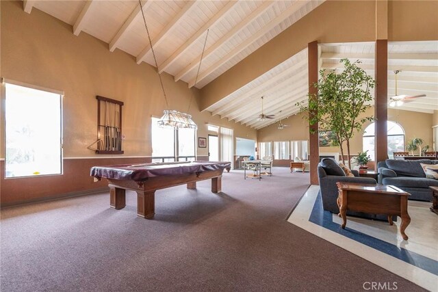 playroom with ceiling fan, high vaulted ceiling, carpet floors, pool table, and beamed ceiling