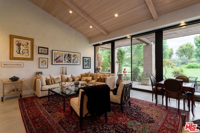 living room featuring beam ceiling, high vaulted ceiling, concrete floors, and wood ceiling