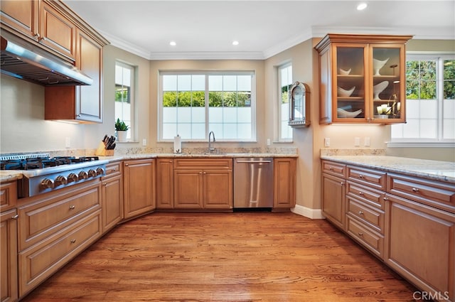 kitchen featuring light stone countertops, crown molding, appliances with stainless steel finishes, and light wood-type flooring