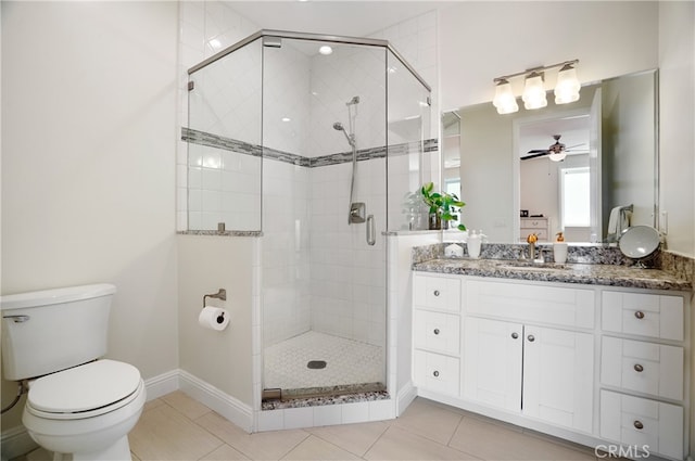 bathroom featuring an enclosed shower, toilet, ceiling fan, tile patterned floors, and vanity