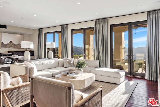 living room with wood-type flooring, a mountain view, and french doors