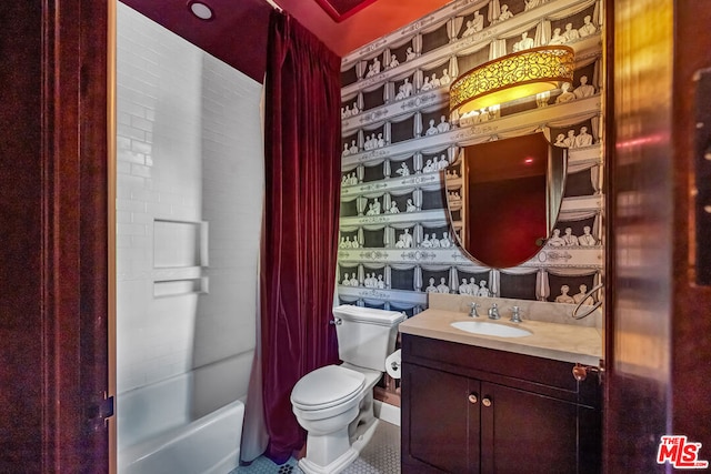 full bathroom with vanity, shower / tub combo, toilet, and tile patterned floors