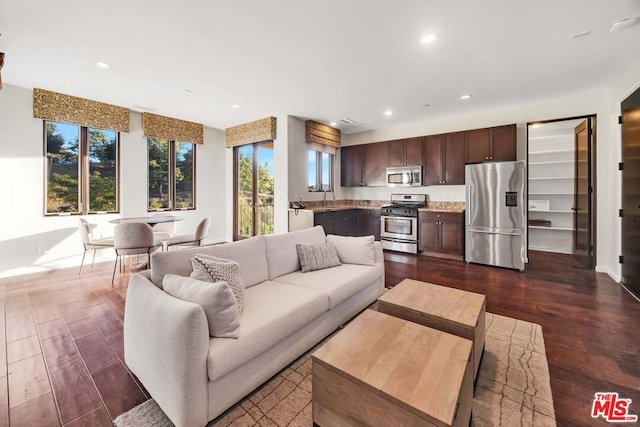 living room featuring sink and dark hardwood / wood-style flooring