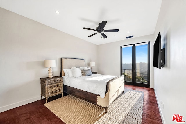 bedroom with access to outside, french doors, dark wood-type flooring, and ceiling fan