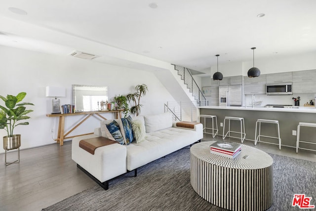 living room featuring dark hardwood / wood-style flooring and sink