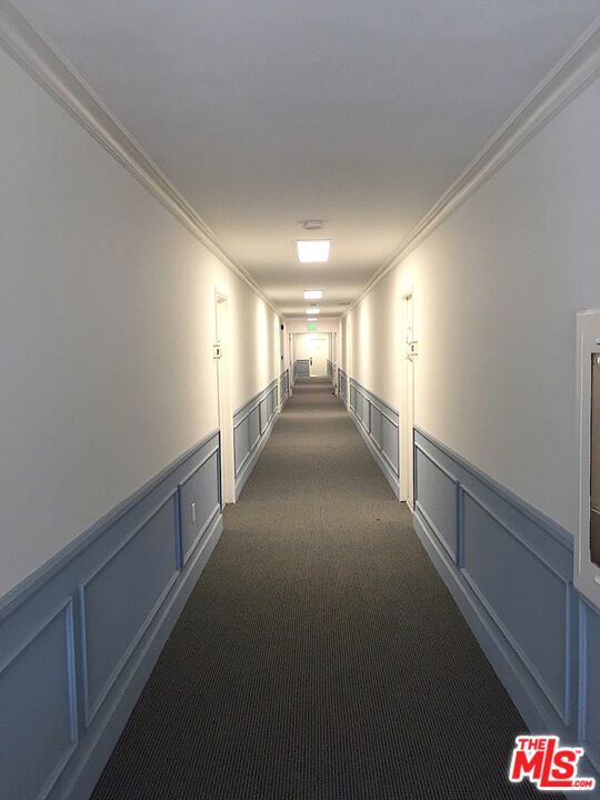 hallway featuring ornamental molding