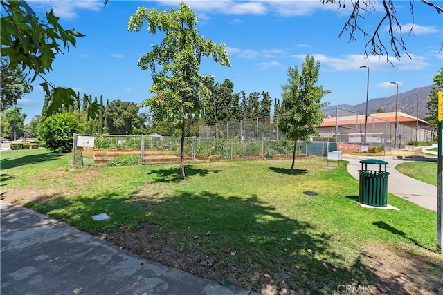 view of community with a mountain view and a lawn