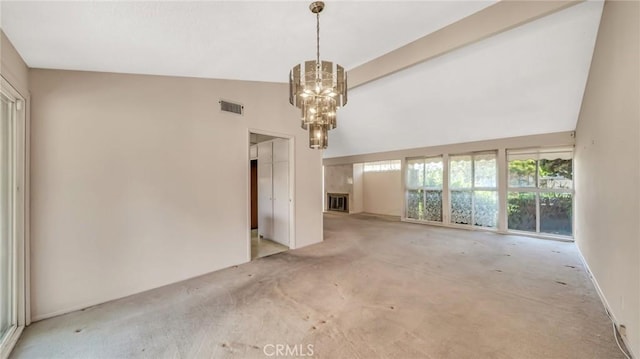 interior space featuring vaulted ceiling with beams and a notable chandelier