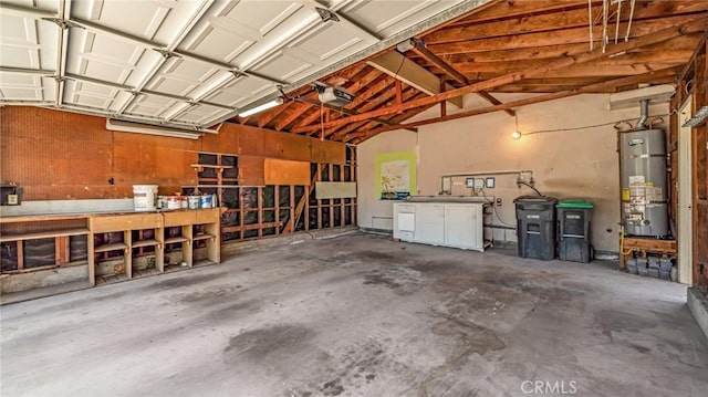 garage with water heater and a garage door opener