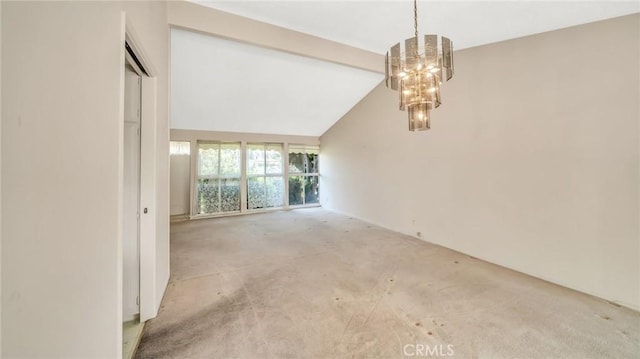 interior space featuring a notable chandelier, lofted ceiling with beams, and light carpet