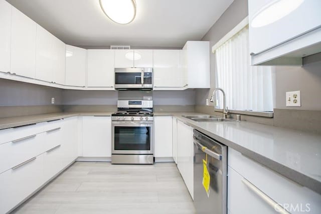 kitchen featuring white cabinetry, sink, light hardwood / wood-style floors, and appliances with stainless steel finishes