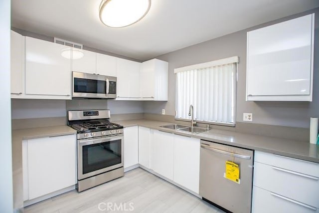 kitchen featuring white cabinetry, appliances with stainless steel finishes, light hardwood / wood-style floors, and sink