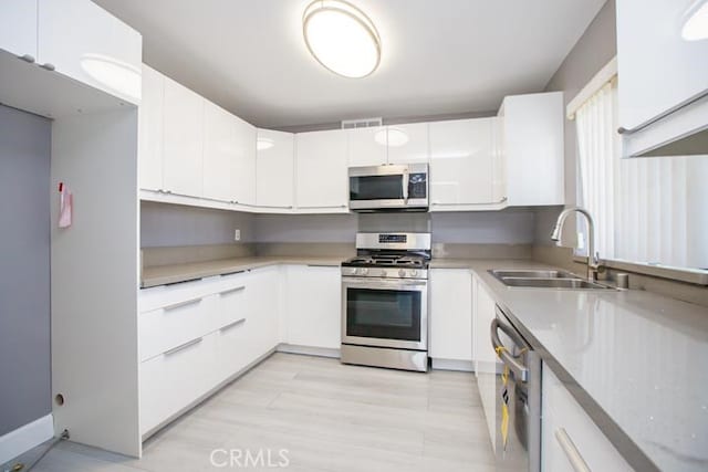 kitchen featuring white cabinetry, sink, light wood-type flooring, and appliances with stainless steel finishes