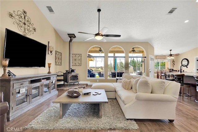 living room featuring vaulted ceiling, a wood stove, light hardwood / wood-style floors, and a textured ceiling