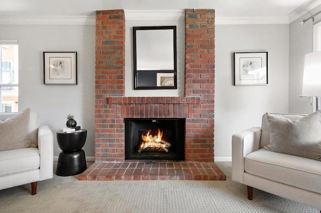 carpeted living room featuring crown molding, a healthy amount of sunlight, and a fireplace