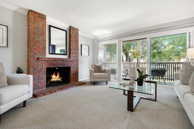 carpeted living room with ornamental molding and a fireplace